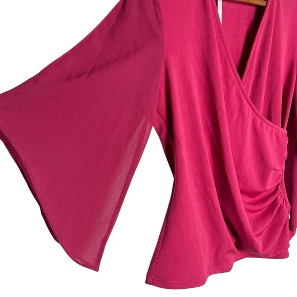 NWT GRACE KARIN Berry Pink Faux Wrap Blouse with Chiffon Split Sleeves M - Picture 4 of 12